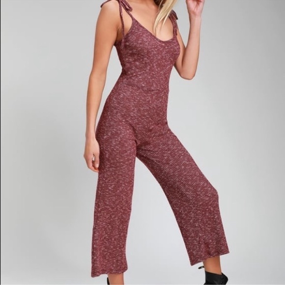 Lulus Size Medium Cozy Daze Heather Burgundy Ribbed Knit Jumpsuit Wide Leg - Picture 1 of 13